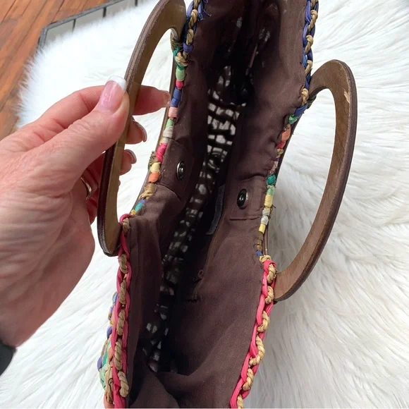 Vintage T. Cappelli Colorful Boho Straw Woven Bag Round Wooden Handle - Picture 4 of 10